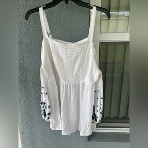 Torrid Off-Shoulder White Blouse with Navy Embroidery